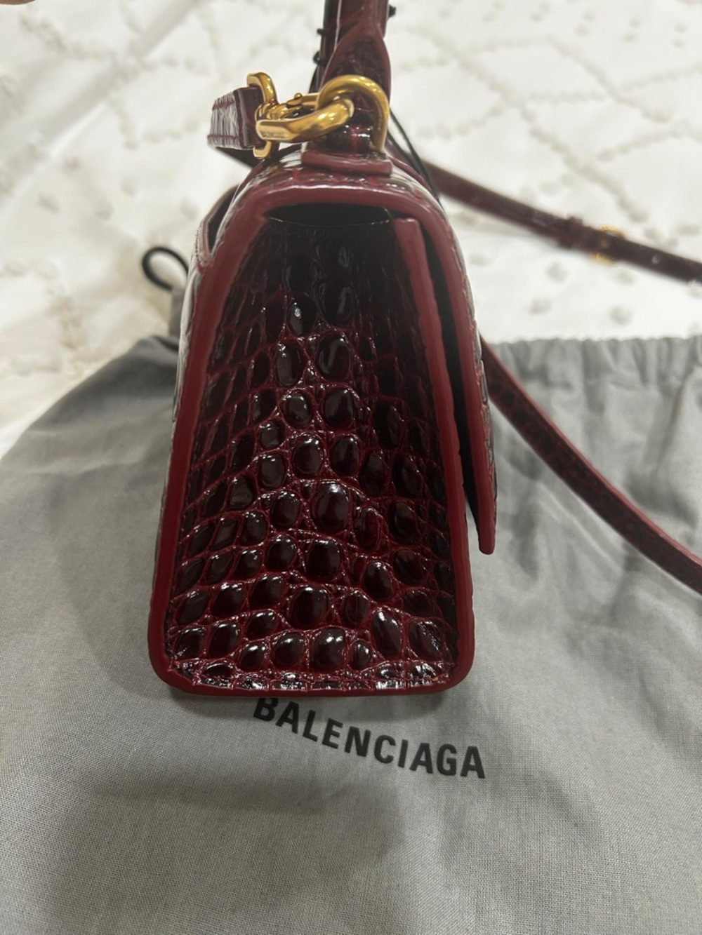 Balenciaga Mini Top Handle Bag in Burgundy Croc-Embossed Leather - Picture 8 of 9